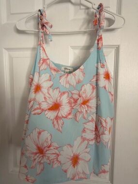 Takara Light Blue Floral Tie-Shoulder blouse with Coral Accents